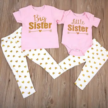 

2020 Summer Autume US Match Clothes Big Sister T-shirt Little Sister Romper+Long Pants Outfits Cute Set