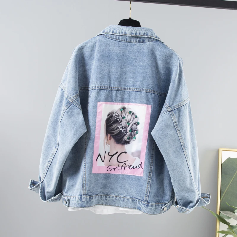 Fllay Womens Washed Boyfriend Embroidery Long Sleeve Loose Jean Demin Jackets