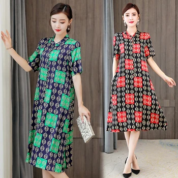 

2020 Summer Simulation Silk Plaid Ladies Dresses Loose Print Casual Mandarin Collar Vestidos Elegantes Green Red Women Dress 4xl