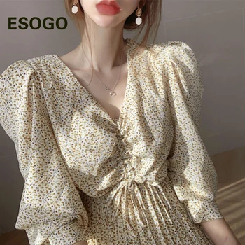 

Korean Floral Puff Sleeve Long Dress High Waist Vintage Ladies V-neck Summer Party Chiffon Elegant Pleated Flower Dress Vestido