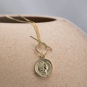 

Acecare S925 silver personality round avatar necklace exotic gold-plated craft silver jewelry chain