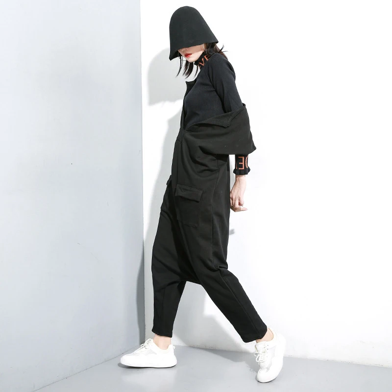 [EAM] Loose Fit Women Black Pocket Split Big Size Jumpsuit New High Waist Pocket Stitch Pants Fashion Spring Autumn 2020 1K031