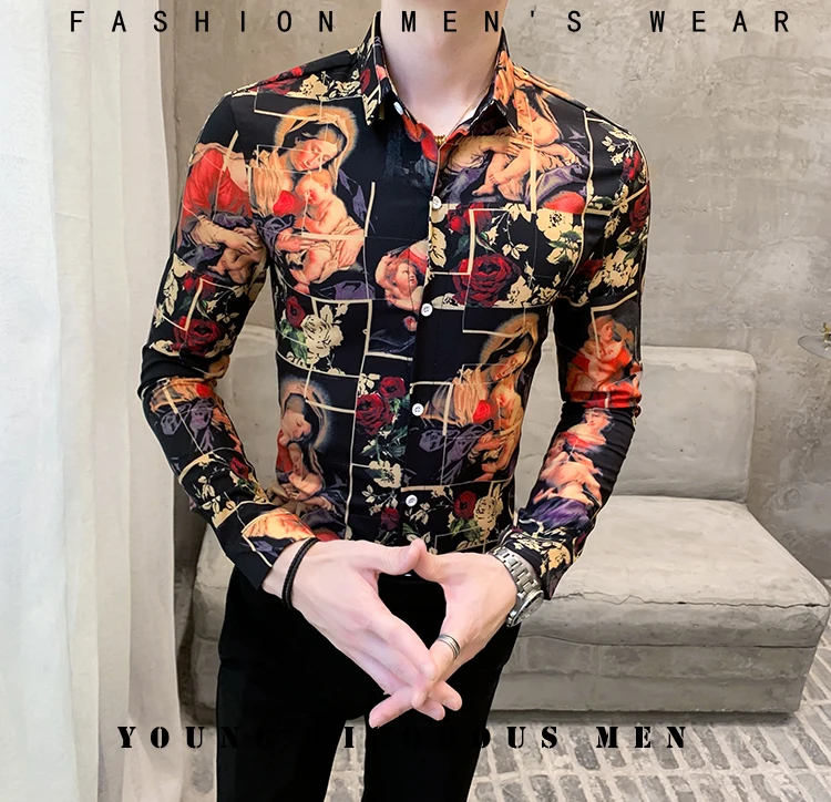 Pull De Noel Humoristique Print Shirt Long Sleeve Camisa Masculina Chemise Homme Social Men Club Prom Shirt Kemeja Pria Black