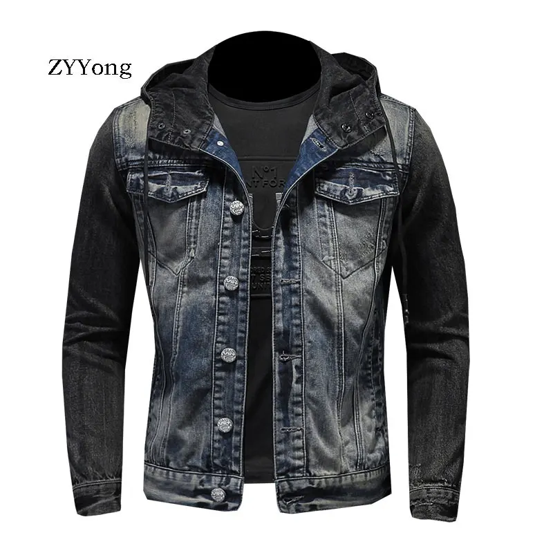 

ZYYong European Style Hooded Color Matching High Quality Denim Jacket Men's Cotton Blue Casual Youth Motorcycle Denim Jacket Men