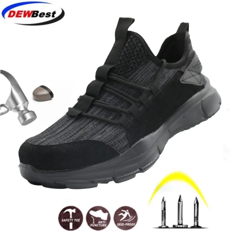 DEWBest Men Steel Toe Work Safety Shoes Lightweight Breathable anti static Reflective Casual Construction Sneaker