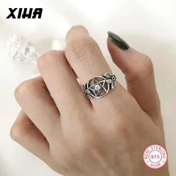 

Black Star Pentagram Ring Adjustable Cubic Zirconia 925 Sterling Silver Rings for Women 2019 Hip Hop Leaf Ring for Girls Ladies