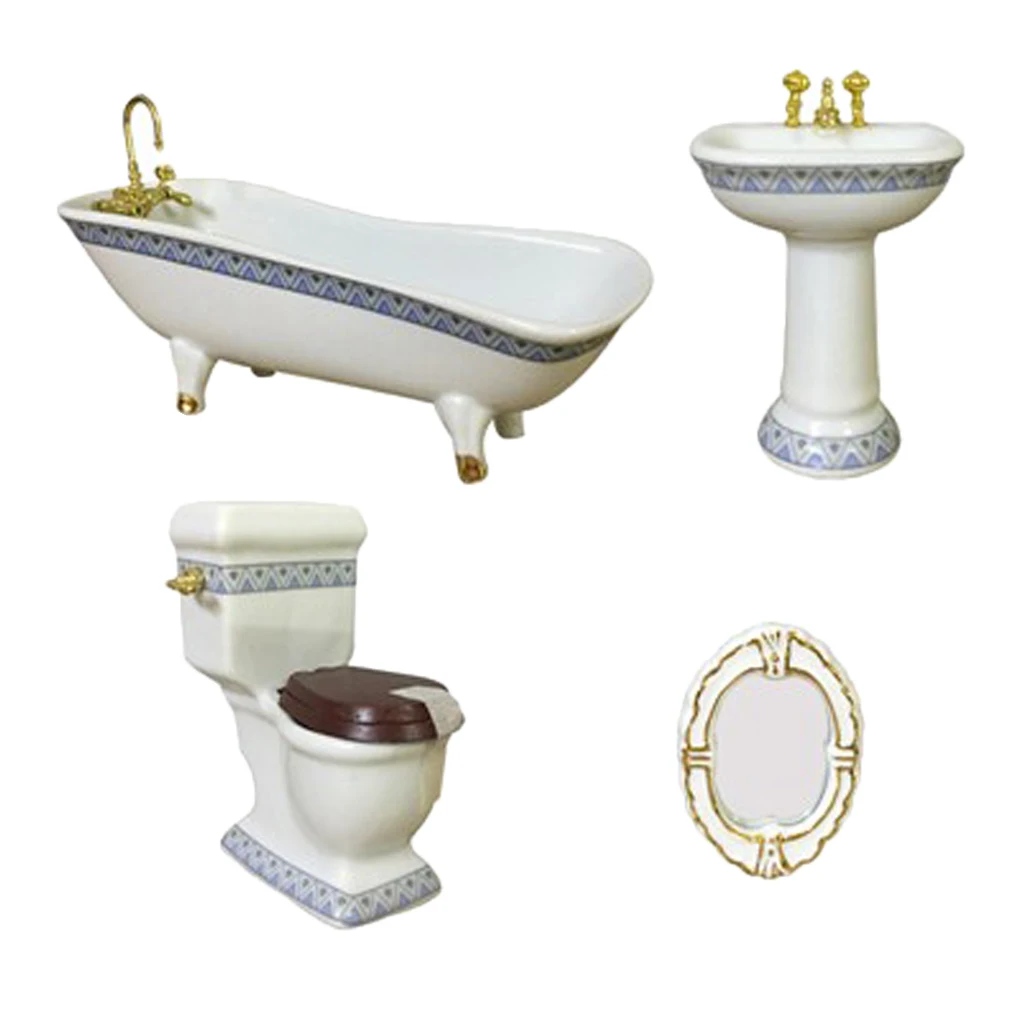 

Dollhouse Miniature Ceramic Bathroom Set Supplies 1:12 Scale Model, Including Bathtub, Toilet, Sink and Mirror (4PCS)
