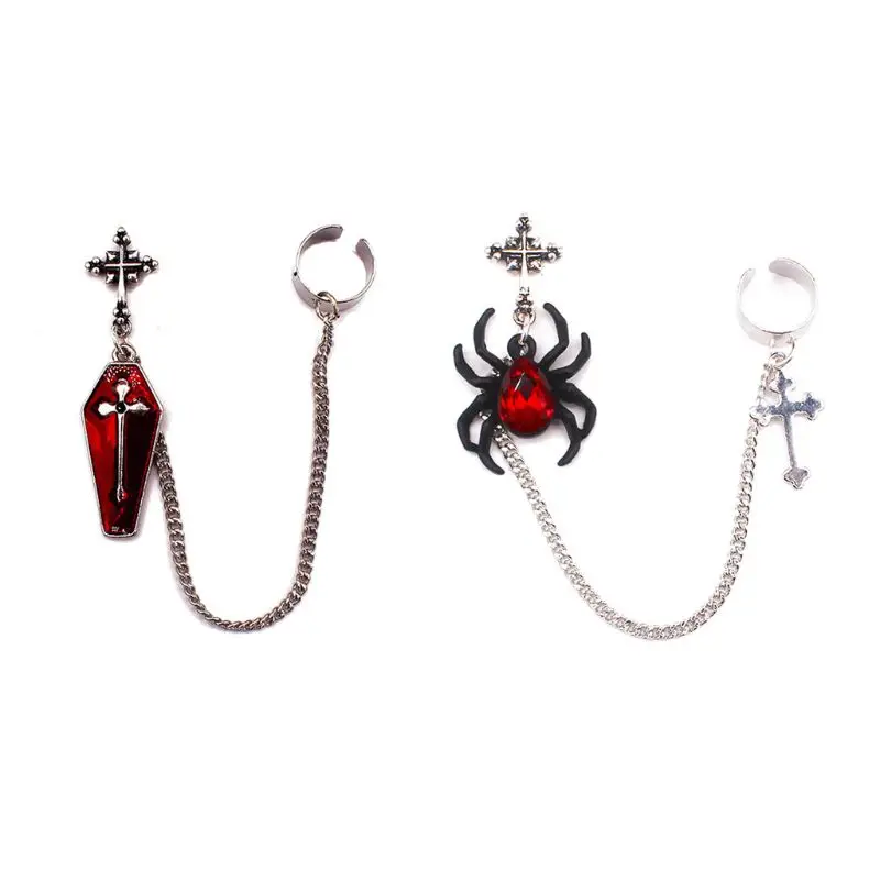 1Pc Gothic Punk Red Spider Cross Coffin Finish Long Chain Ear Cuff Dangle Earrings Fashion Jewelry Unisex | Украшения и