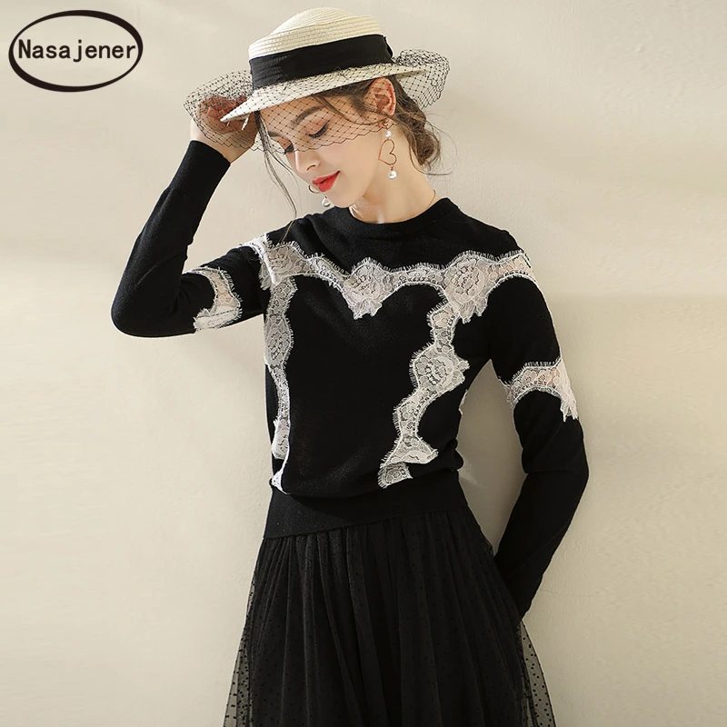 2019 Autumn Fashion Black Knitting Sweaters Women's Lace Splice Long Sleeve Elegant Vintage 100%Wool Pullovers Tops | Женская одежда