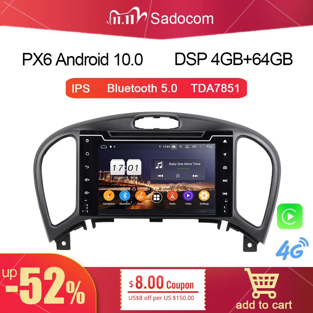 720P DSP PX6 2 din Android 11 0 для Nissan JUKE 2004-2016 4 Гб + 64 8 ядер автомобильный DVD-плеер GPS Glonass карта