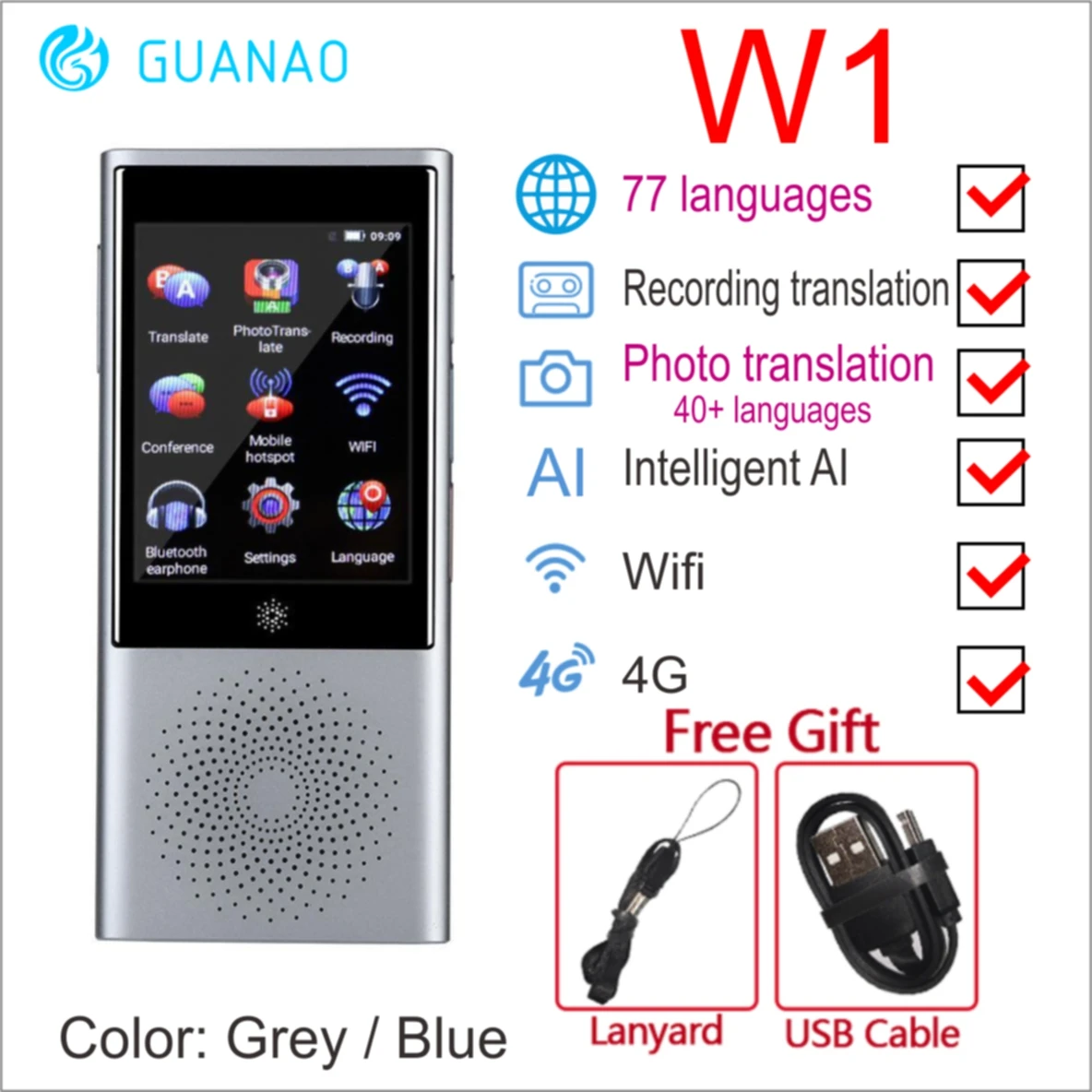 w1 grey Boeleo W1 3,0 AI переводчик 117 языков портативное голосовое устройство умный бизнес путешествия арабский обучение межпереводная машина - Цвет: w1 grey