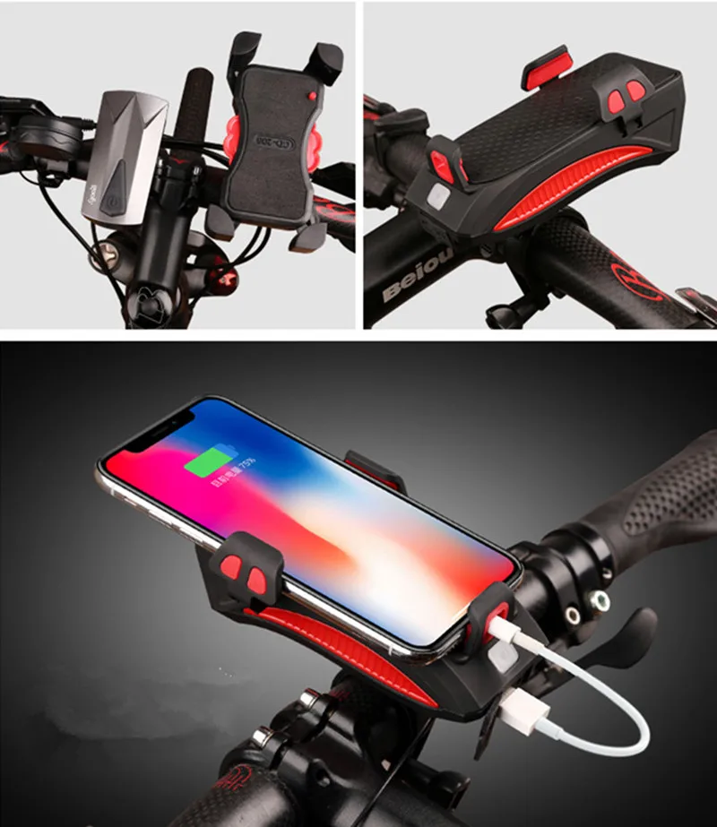 Sale Waterproof Bicycle Front Lights 4 in1  Phone Holder Bike Horn USB Rechargeable Cycling  Flashlight With Power Bank Hiking tools 1
