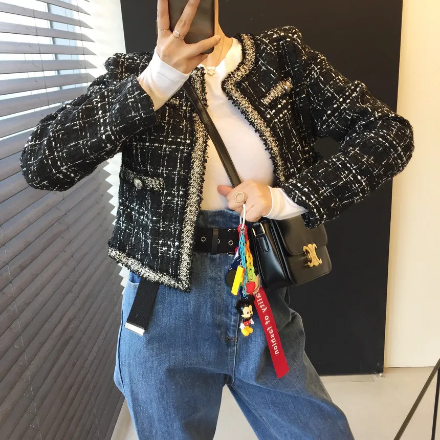 

Tweed Plaid Button Fall Cropped Jacket Cardigan Women Vintage Korean Clothes Elegant Moda Feminina 2020 Winter White Veste Femme
