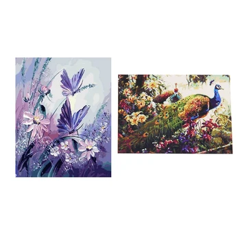 

2 Set 16X20 Inch Acrylic Paint By Numbers Kit Oil Painting on Cloth Picture Frameless, Peacock & Butterfly with Purple Flower