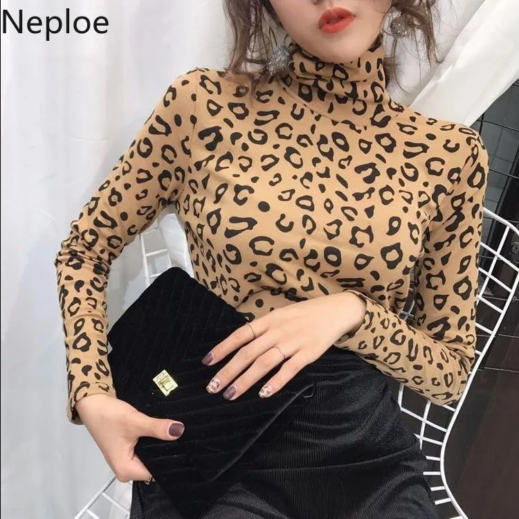 

Neploe Leopard Long Sleeve Slim Bottom Sweater Turtleneck Women Top Jumper 2019 Autumn Winter Warm Pullober Female Tops 54305