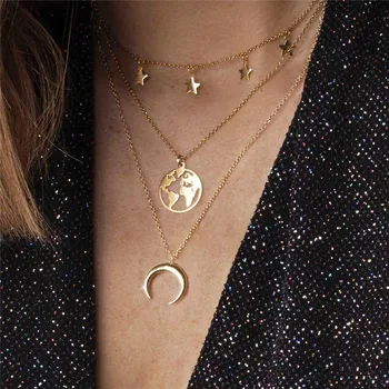 

PHYANIC Boho World Map Pendant Necklace For Women Multilayer Gold Map Circle Letter Moon Choker Chain Necklaces Jewelry Collar