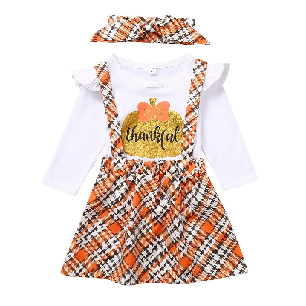 Комплекты детской одежды для малышей футболка на День Благодарения сарафан в клетку комплект юбки зимний костюм для маленьких девочек vetement enfant fille#30 - Цвет: Белый