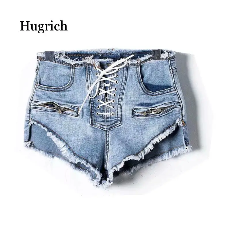 Women Loose Mid Waist Crimping Denim Shorts Fitness Cotton Pockets Lace-Up Short Jeans