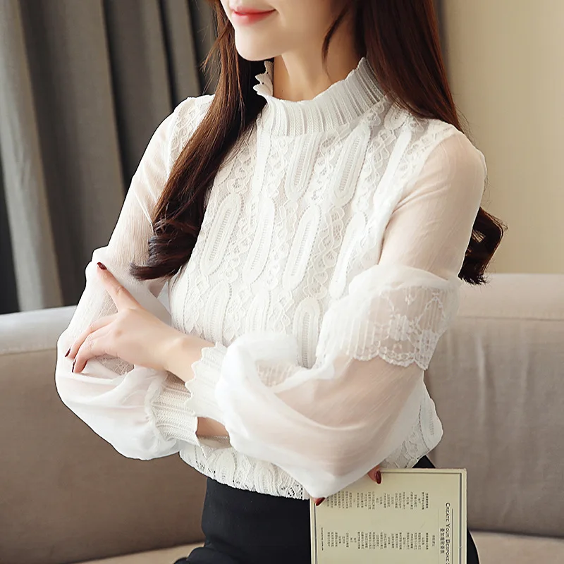 

Base Sweater Autumn And Winter 2019 New Style Korean-style Half-Turtle-Neck Western Style Lace Shirt WOMEN'S White Underwear Lon