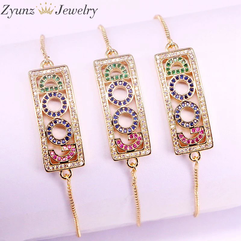 

5PCS, Beautiful Multi CZ Zircon Good Letter Bar Bracelet CZ Micro Pave Rainbow Copper Chain Charm Bracelet For Women Girl