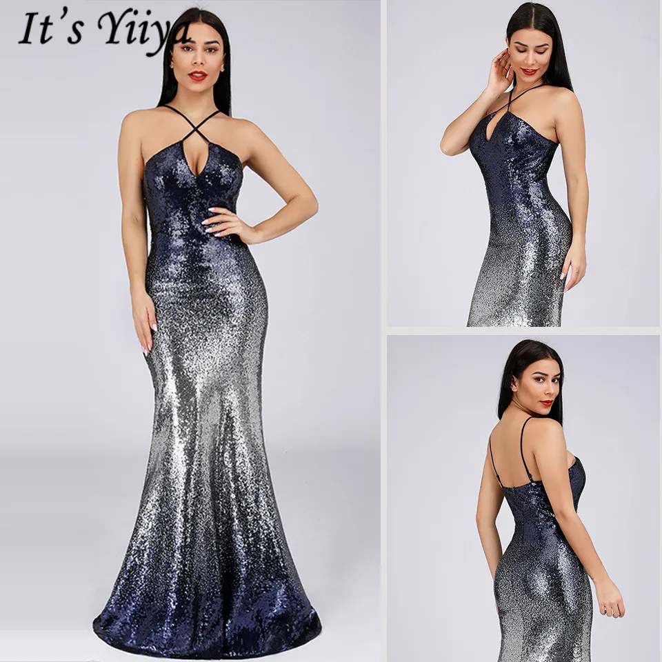 

It's Yiiya Formal Dress Halter Collar Sleeveless Robe De Soiree D001 Floor-Length Sequined Mermaid Women Party Dresses