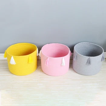

Macrame Decorative Cotton Rope Basket Boho Cute Woven Tassel Closet Storage Bins Organizer for Nursery Baby Toys-