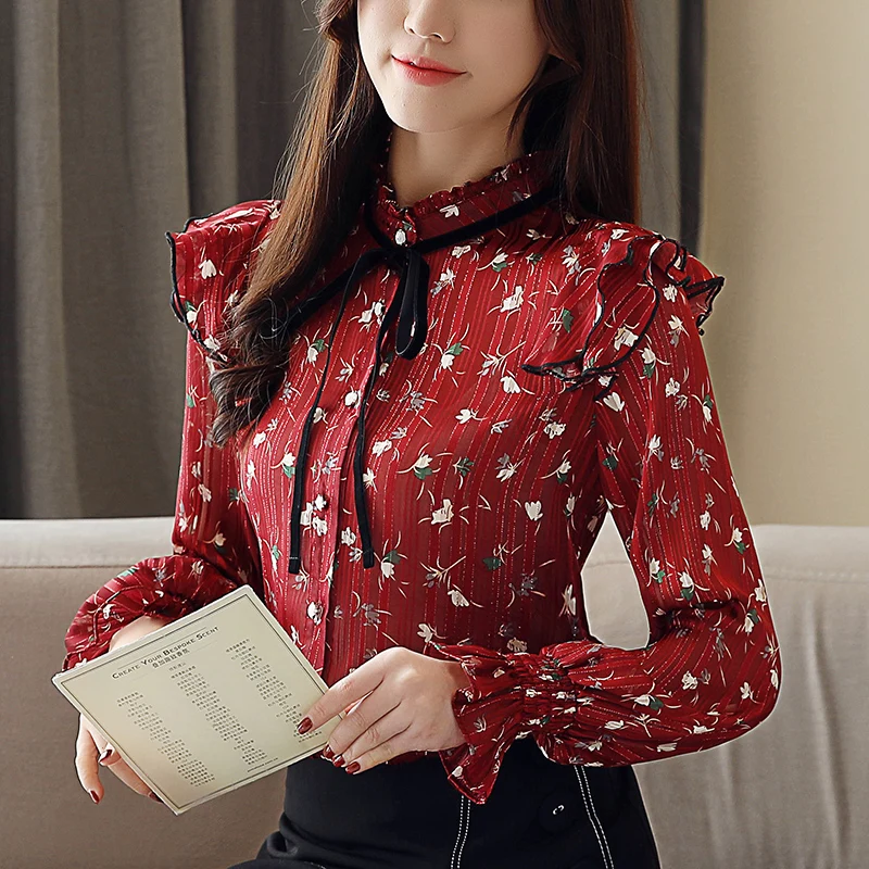 2020 Spring New Arrival Elegant Stand Collar Flower Printed Long Sleeve Woman Chiffon Blouse |