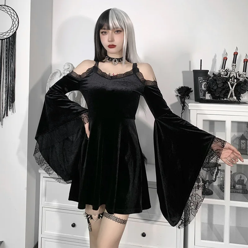Black Gothic Lady Cool Street Empire Mini Dress 2021 Autumn Women Long Flare Sleeve Off Shoulder V Neck Lace Slim Sexy Dresses