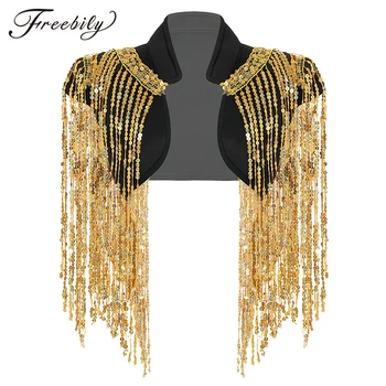 

Women Sleeveless Sparkle Sequins Tassels Cropped Vest Waistcoat Hip-hop Jazz Dance Costume Rave Stage Performance Jacket Coat
