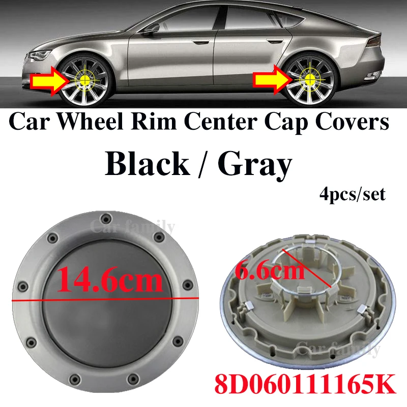 

4pcs 146mm 14.6CM 8D060111165K 9 remaches Black/Gray Car Rim Wheel Center Cap Auto Hub Cap Covers abs Car Styling for TT