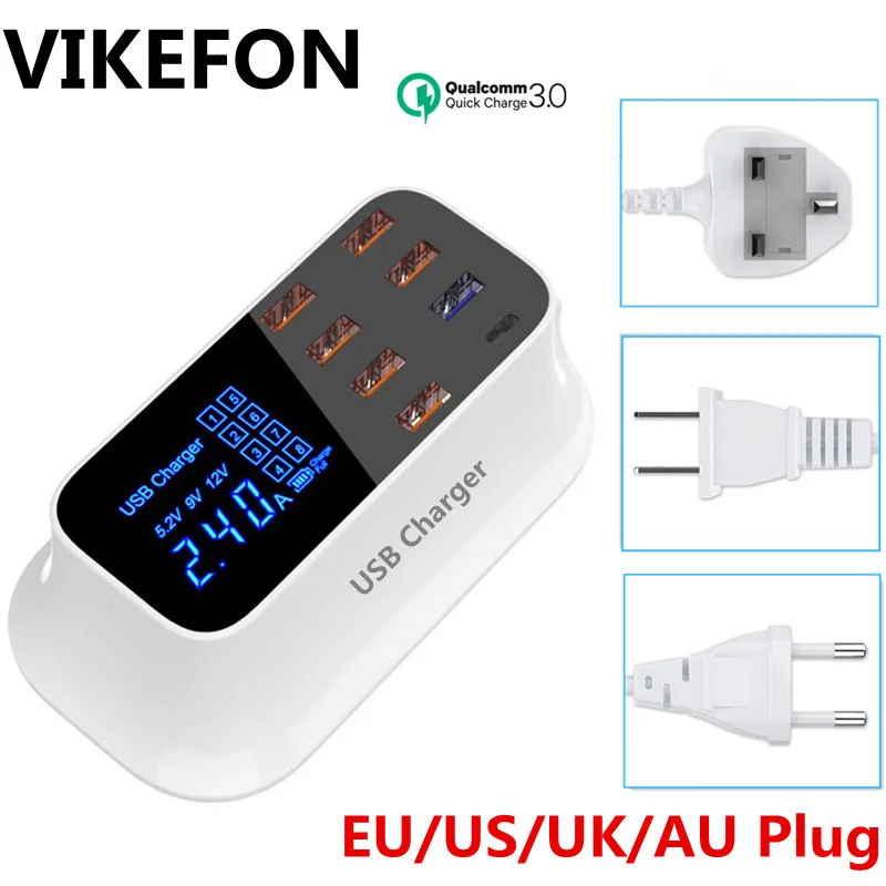 VIKEFON USB зарядное устройство 8 портов Быстрая зарядка 3,0 QC 3,0 Мобильный телефон светодиодный дисплей быстрое зарядное устройство адаптер для iPhone Xiaomi usb-зарядное устройство