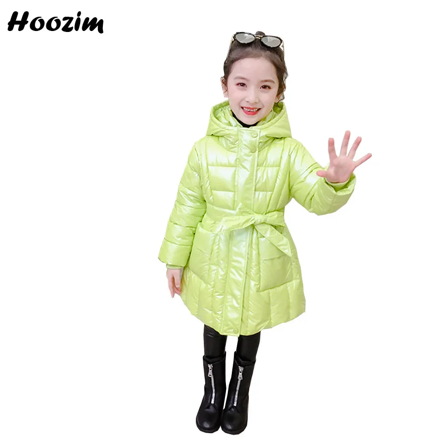 

High Green Green Quilted Jacket Girls 4-12 Year European Balck Hooded Parka Children Winter Chic Belt Long Outerwear Coat Girls