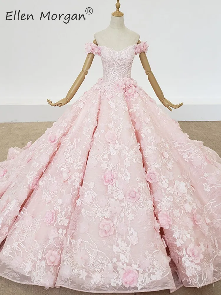 Elegant Pink Lace Ball Gowns Wedding ...