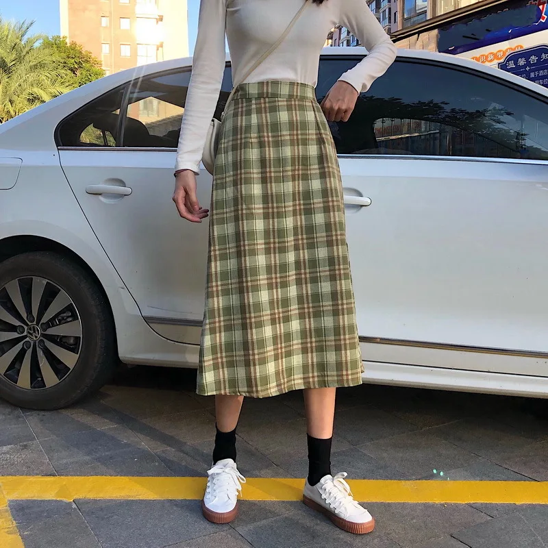 

Mid-length Skirt Women's Autumn New Style Korean-style High-waisted Versatile High-waisted Plaid A- line Skirt