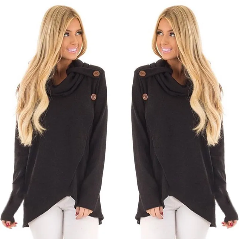 

Spring Autumn Turtleneck Solid Pullovers Women Asymmetrical Wrap Loose Sweatshirt Casual Long Sleeve Thin Tops
