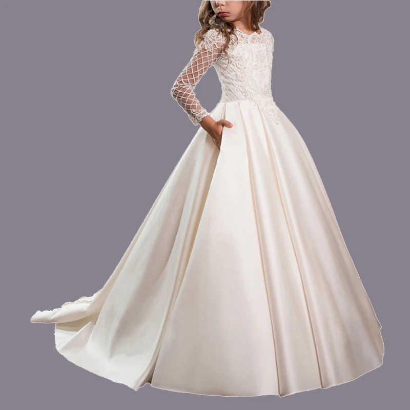 Платье с цветочным рисунком из атласа с длинным рукавом, элегантные нарядные платья для девочек, детское бальное платье с пуговицами, юбка с аппликацией, daminhas de honra casamento - Цвет: Слоновая кость