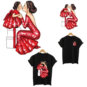 

Mom and daughter stripes applique on clothes heat-sensitive patches iron on transfers for clothing custom patch applications