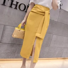 Летняя женская офисная юбка с разрезом и бантиком, Необычные Длинные юбки для женщин, OL hip посылка, короткая женская юбка, faldas AQ446