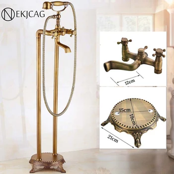 

Bathroom Floor Mounted Bathtub Faucet Antique Brass Free Standing Bath Shower Mixer Set Hot Cold Water Bathroom Faucet