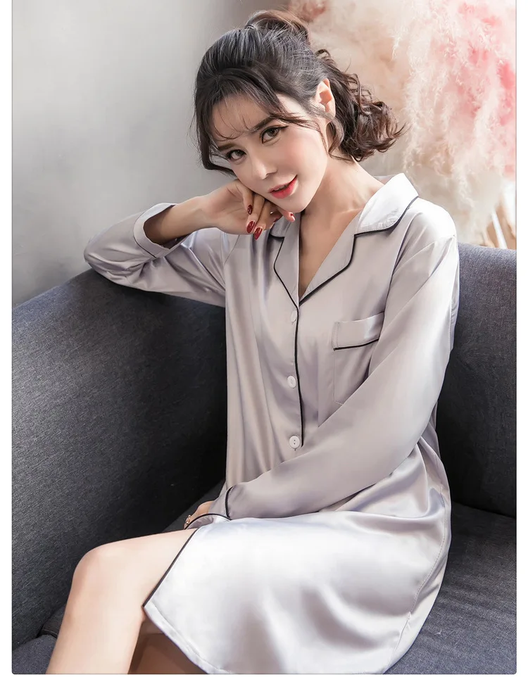 Night Robe Sleepwear Dress Women Sleepwear Female Spring And Autumn Model Silk Long Sleeve Nightdress Plus-sized Size Shirt Robe