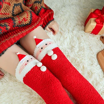 

Christmas Over The Knee Stockings Autumn Winter Coral Velvet Cartoon Three-dimensional Decoration Half Sleep Stockings