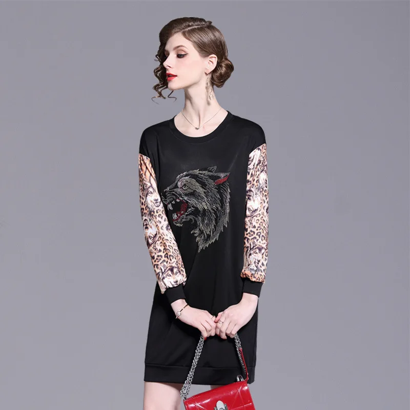 

Europe And America 2020 Spring Europe And America WOMEN'S Dress Diamond Set Printed Joint Wolf Head-Style Full Body Dress