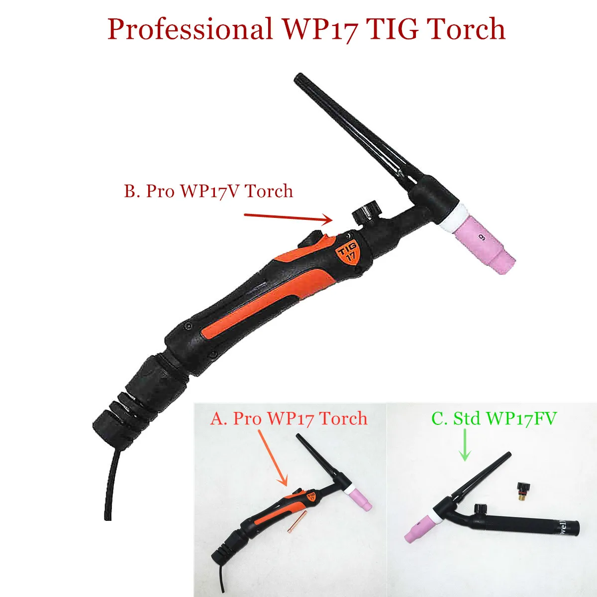 Professional WP17 TIG Torch 150A GTAW Tungsten Welding Gun Argon Air Cooled WP17V Gas Valve W7FV Flexible TIG Welding Torch