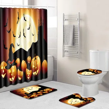 

Halloween Shower Curtain Mat Combination Four-Piece Set Bathroom Toilet Carpet Shower Room Foot Mat Cross-Border Hair