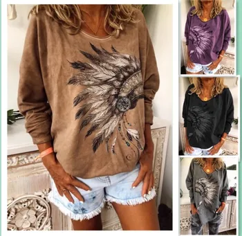 

Fall 2020 women's loose tribal ethnic pattern casual printing long-sleeved simple plus size T-shirt S-5X