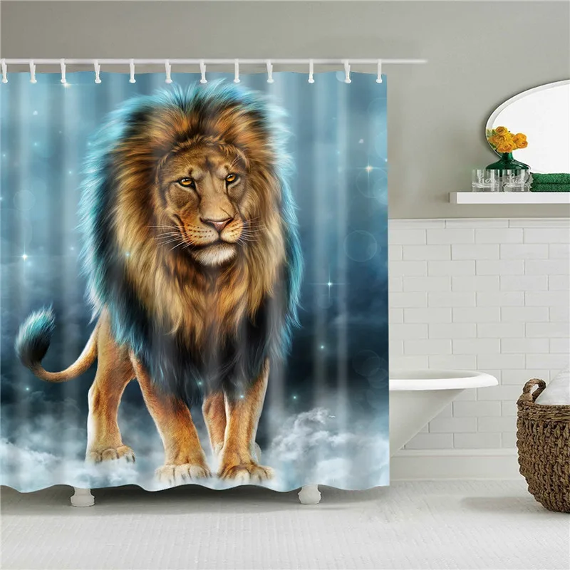 Animal Shower Curtain Cartoon Elephant Lion Print for Bathroom