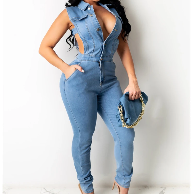 2021 New Arrival Sexy Slim Sleeveless Jeans Jumpsuit Denim Playsuit