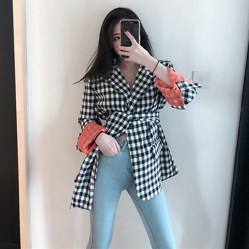 Streetwear Plaid Blazers Women Chic Notched Long Sleeve Jacket with belt Spring Autumn office lady blazers bleiser feminino