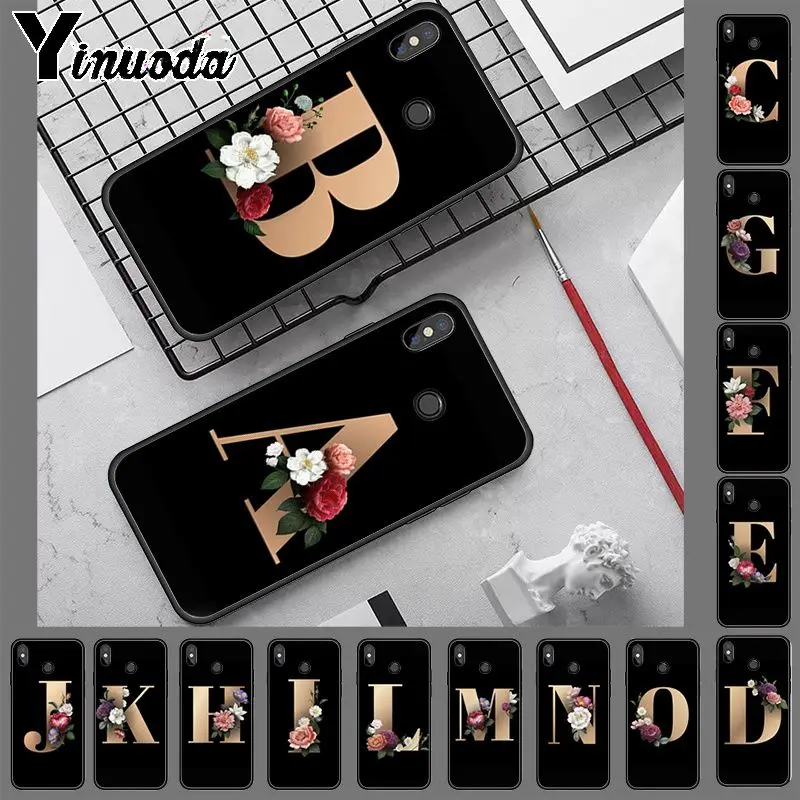 

Letter Alphabet Flowers Print Floral Black Soft Shell Phone case Cover For redmi 7 5plus 5A 6pro 4 note5A note6pro note7cases