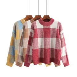 Свитера и пуловеры для женщин Осень Зима Джемпер женский брендовые джемпер круглый вырез плед теплый свободный свитер женский